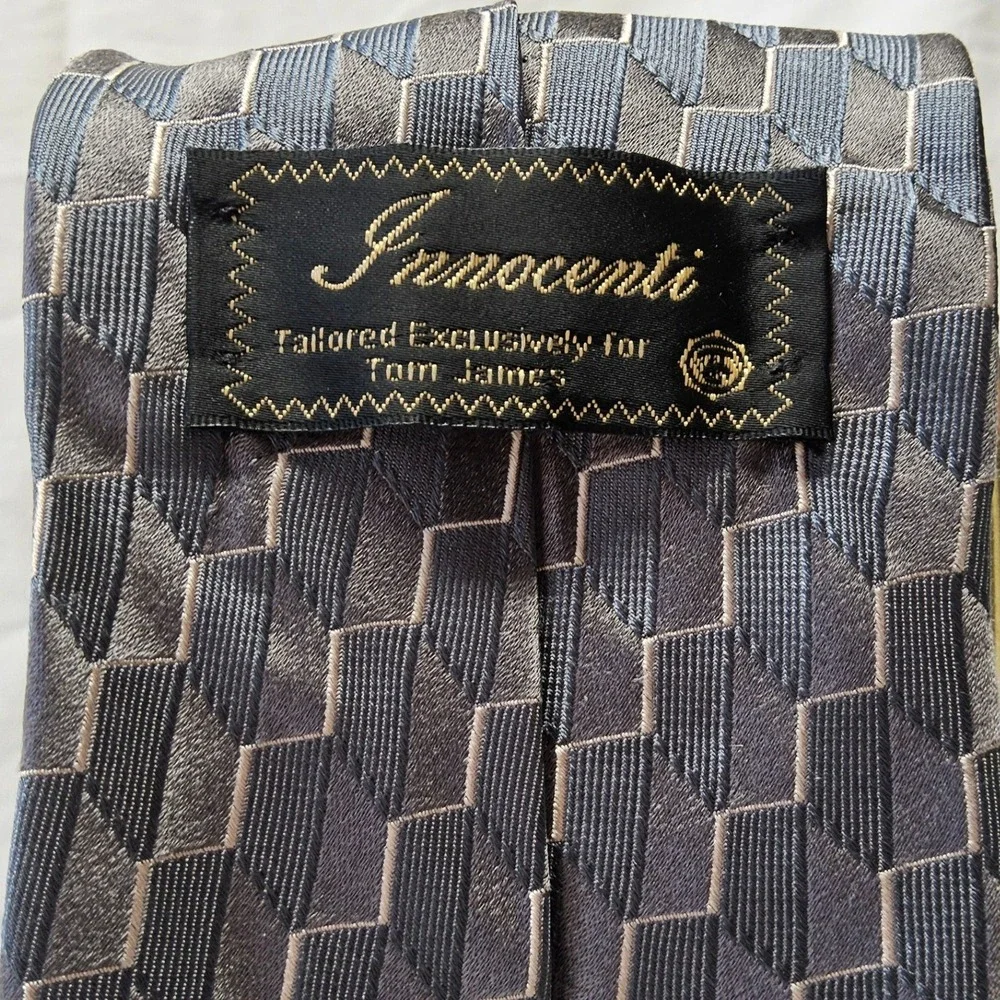 Innocenti Tom James Necktie‎ Mens Grey Silk Geometric Woven Made in USA